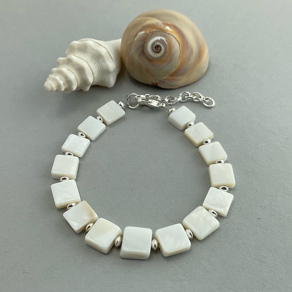 Mother of Pearl Bracelet, Geometric, Squares, Neutral, Beach Vibe, Handmade - Picture 8 of 10